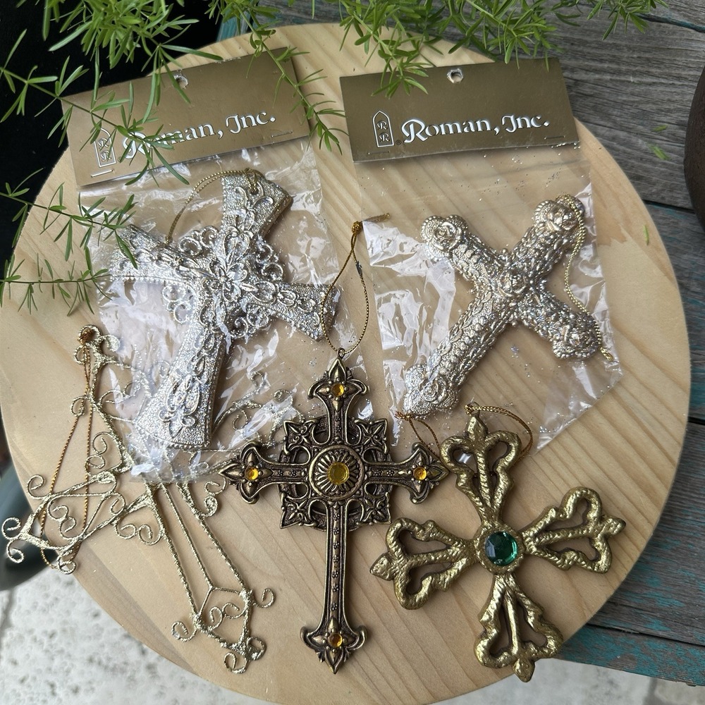 VTG Roman Inc Dimensional Cross Christmas Holiday‎ Ornaments Gold Tone Set Of 5